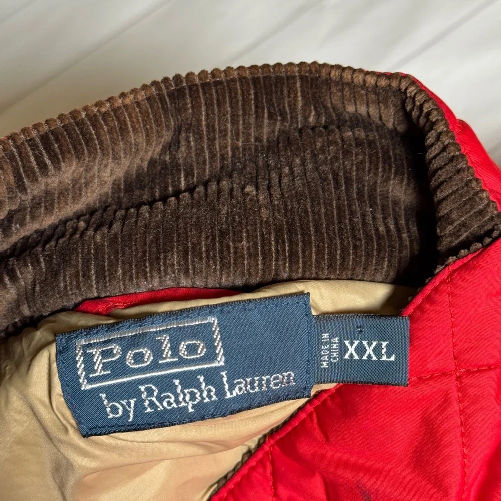 VTG Polo Ralph Lauren Red Quilted Puffer Vest Calf Suede Collar‎ Mens Jacket 2XL